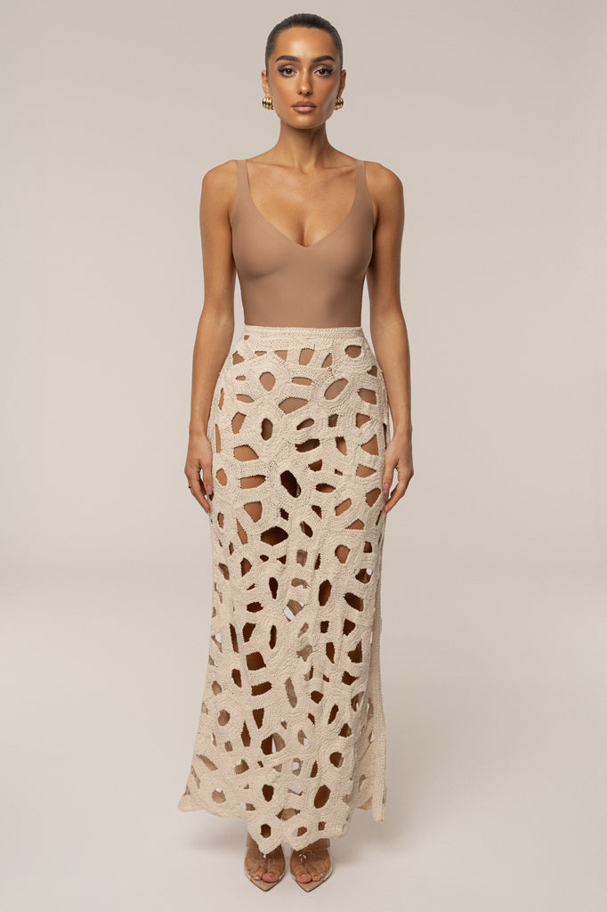 Ecru Coastal Breeze Crochet Maxi Skirt