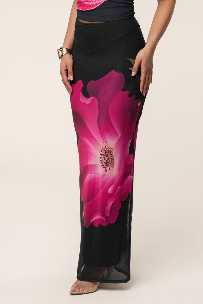 Black Floral Blooming Dawn Maxi Skirt